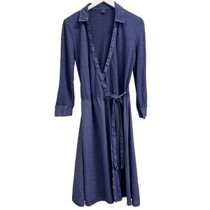 120% Lino Blue Linen True Wrap Dress 3/4 Sleeve Women's Small Cruise Coverup
